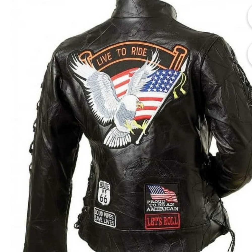 Unisex Heavy Black Leather Jacket with Eagle Patch